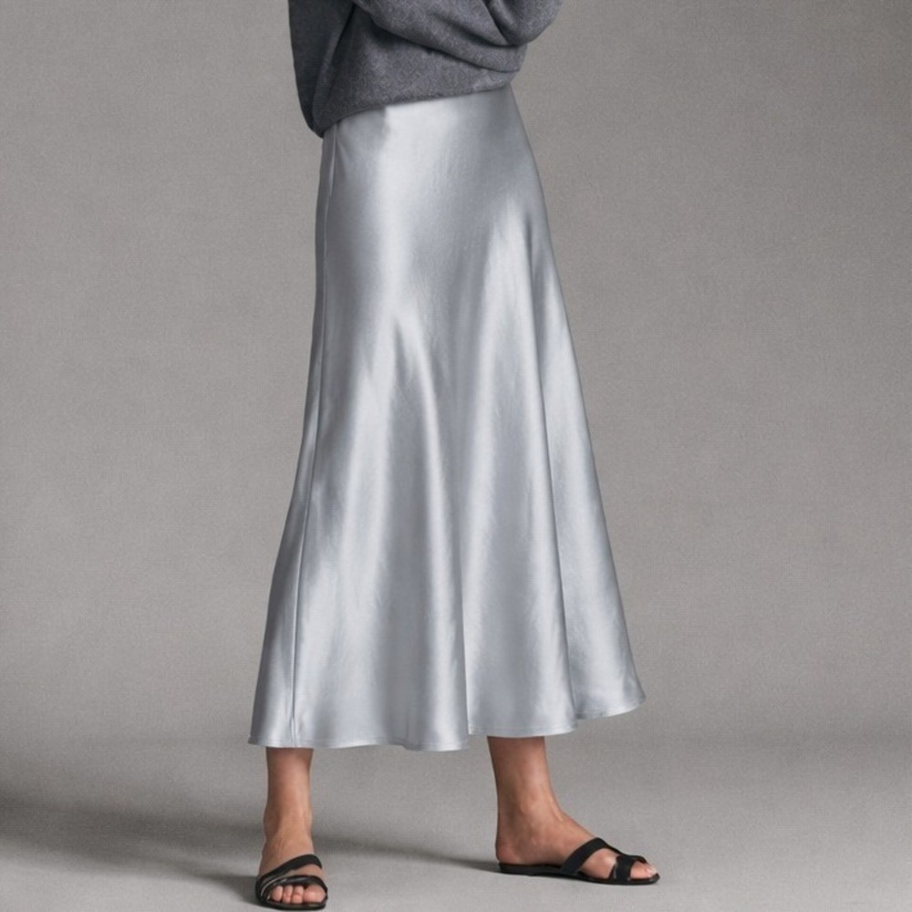 Massimo Dutti Silver Maxi Slip Skirt‎ Satin Metallic Elegant Size 8
